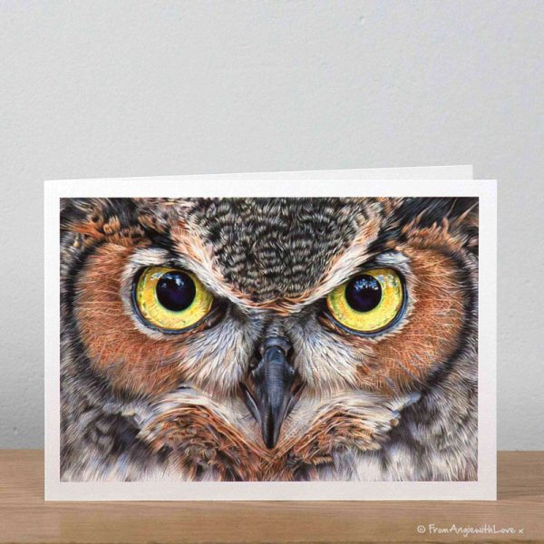 A Thousand Yard Stare Eagle Owl greeting card by wildlife artist Angie