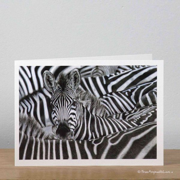 Lost in a Crowd Zebra greeting card by wildlife artist Angie