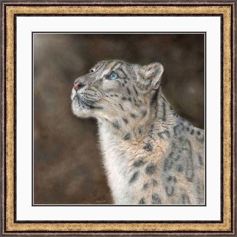 Mountain Spirit Snow Leopard Portrait in Gold Pewter Frame