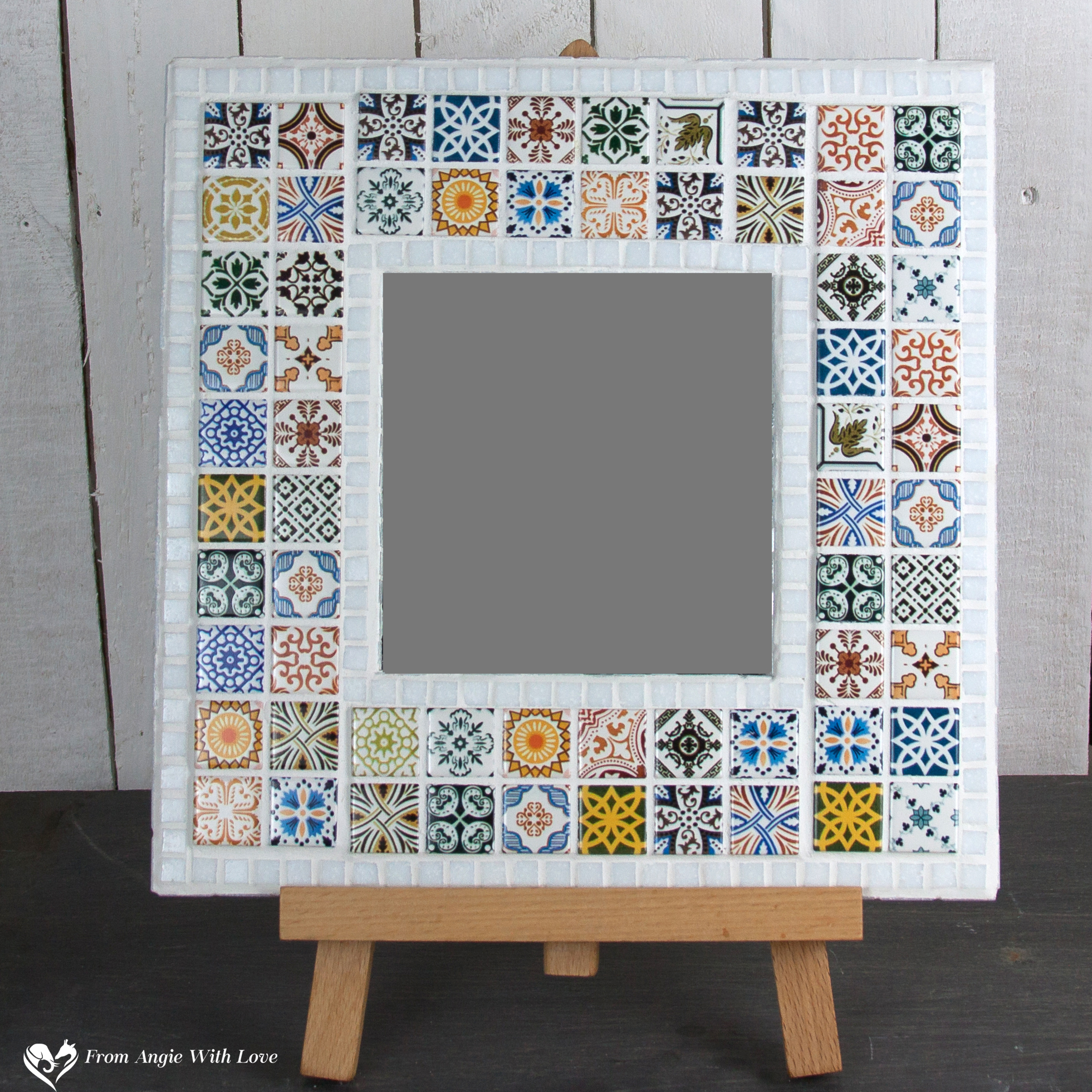Hand-decorated mosaic mirror with Moroccan-style tiles