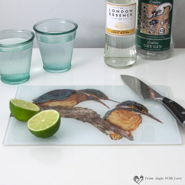 'Domestic Bliss' Kingfisher Glass Chopping Board by Wildlife Artist Angie