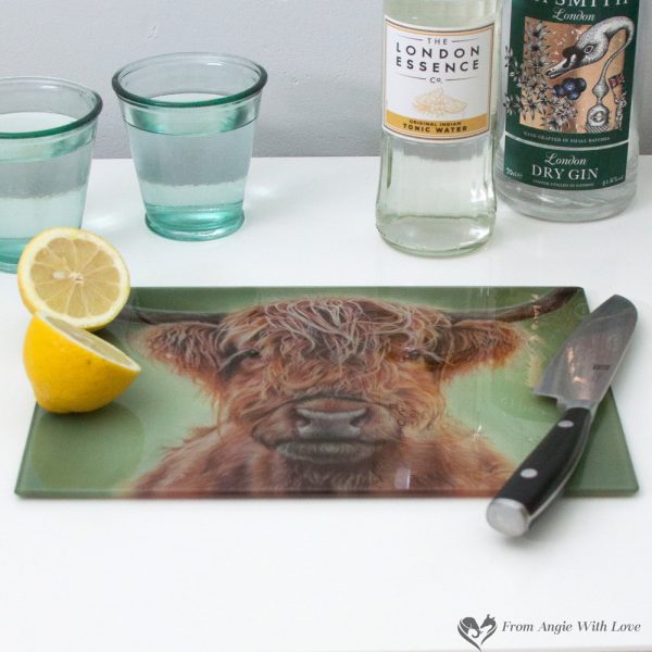 'Hamish' Highland Cow Glass Chopping Board by Wildlife Artist Angie