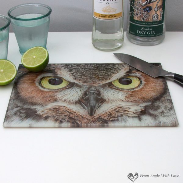 'A Thousand Yard Stare' Owl Glass Chopping Board by Wildlife Artist Angie