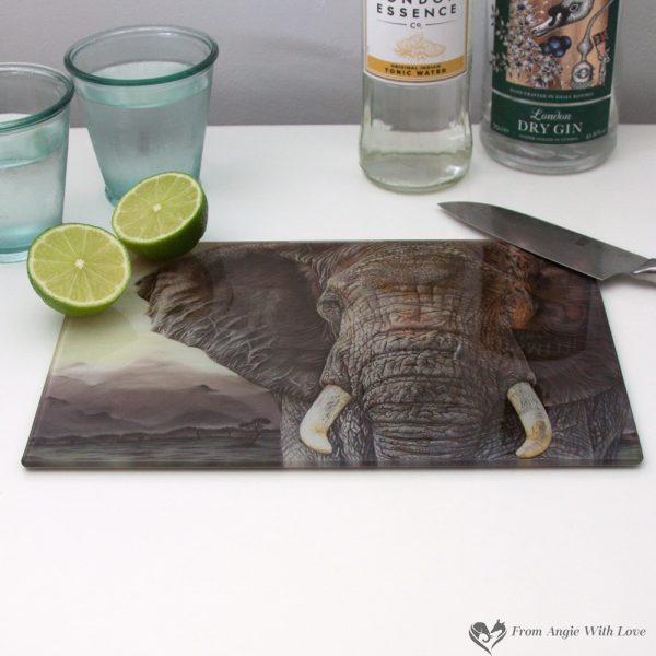 'Tembo' Elephant Portrait Glass Chopping Board by Wildlife Artist Angie