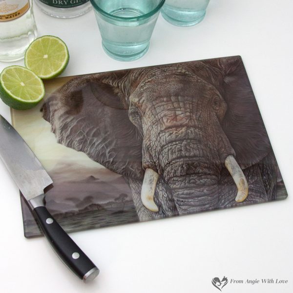 'Tembo' Elephant Portrait Glass Chopping Board by Wildlife Artist Angie