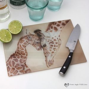 'Tenderness' Giraffe Portrait Glass Chopping Board by Wildlife Artist Angie