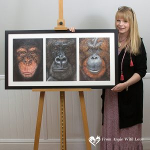 'Our Cousins Under Threat' Great Apes portrait by Wildlife Artist Angie