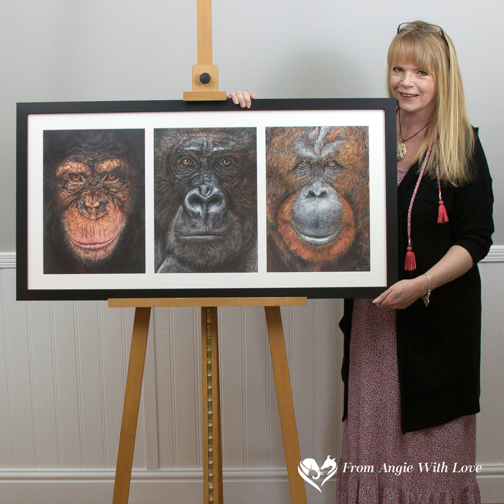 'Our Cousins Under Threat' Great Apes portrait by Wildlife Artist Angie