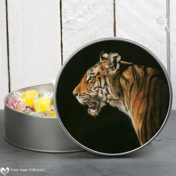'The Huntress' Tiger Round Tin by Wildlife Artist Angie
