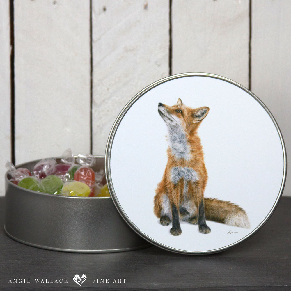 Fox portrait 'Fluttering Heights' is now available on a round storage tin. Discover and buy wildlife art and gifts.