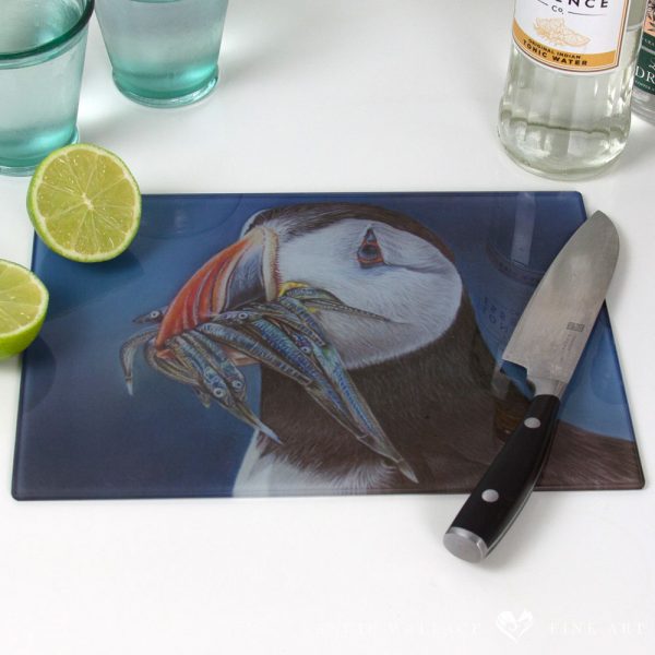 'Farne Island Feast' Puffin Glass Chopping Board by Wildlife Artist Angie