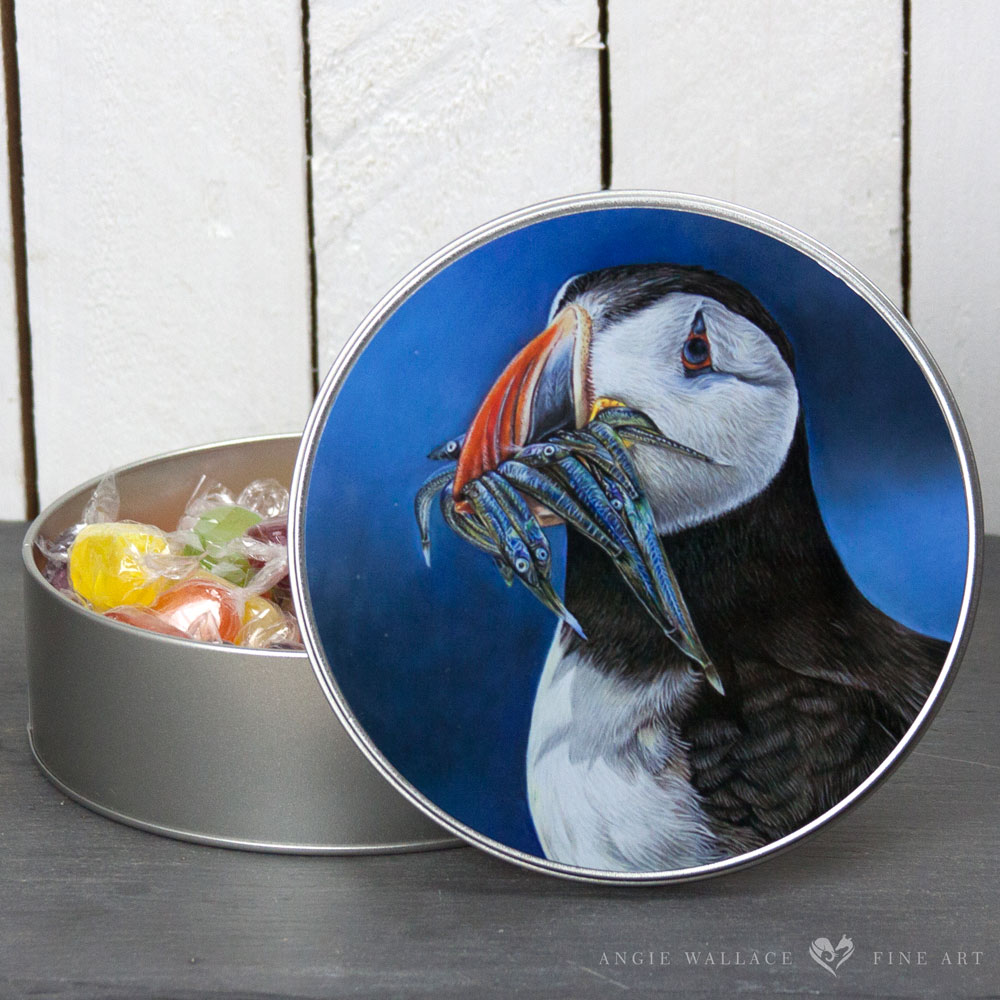 'Farne Island Feast' Puffin Round Tin by Wildlife Artist Angie